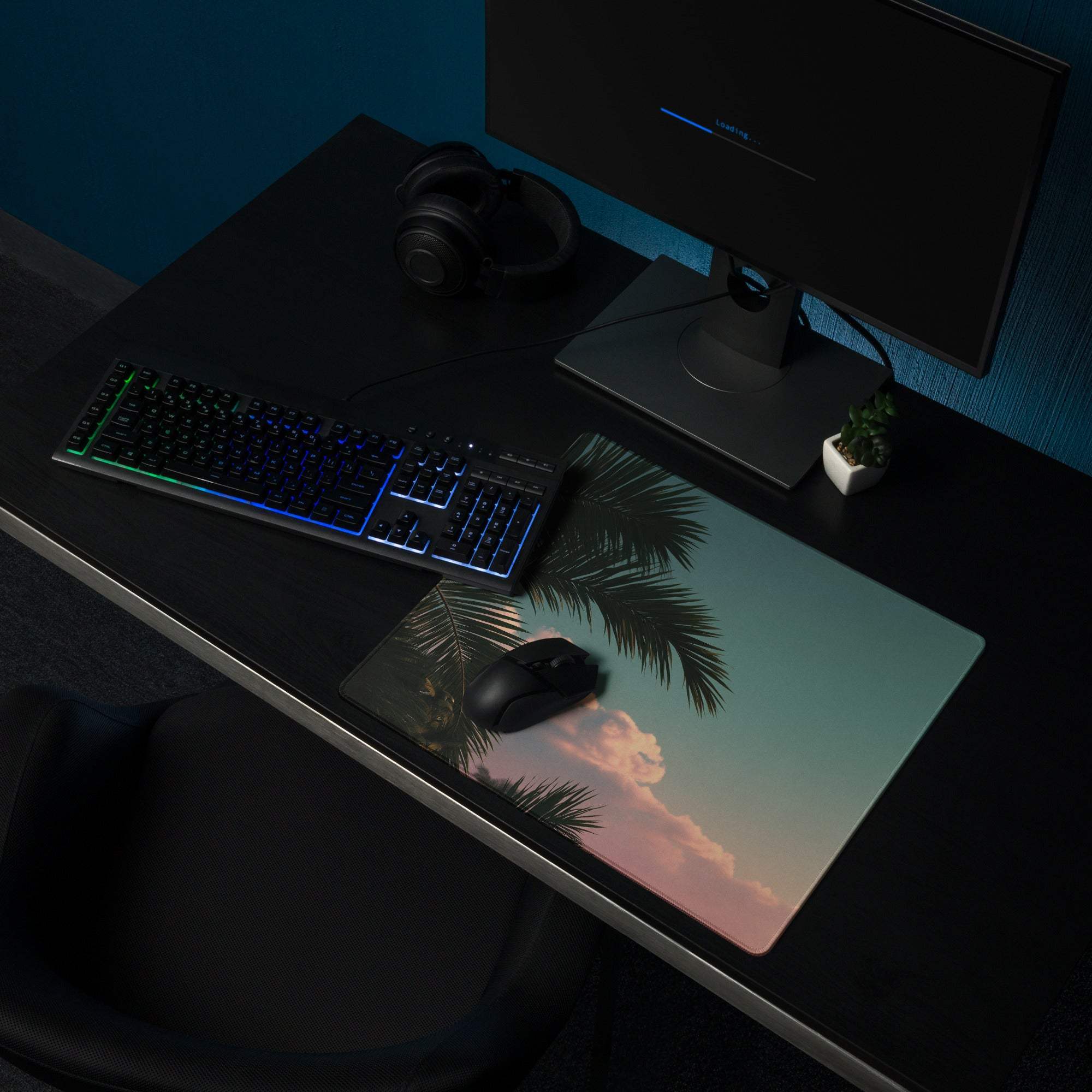 Tropical sunset palm leaves large gaming mouse pad with non-slip base