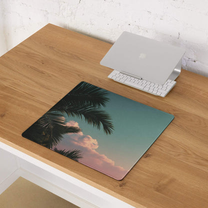 Tropical sunset palm tree silhouette mouse pad with teal to pink gradient sky