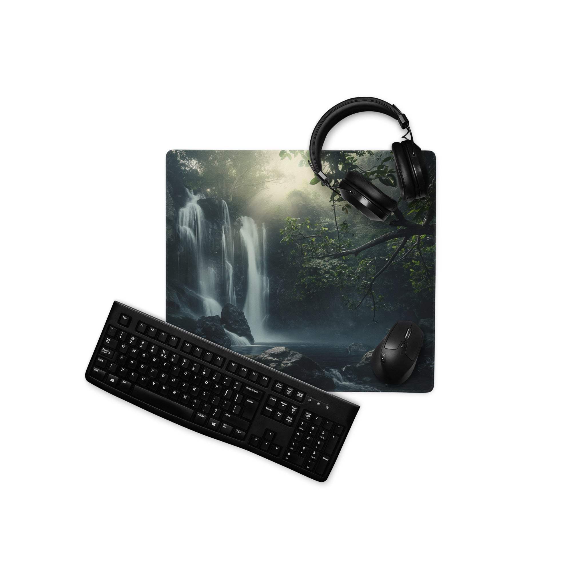 Black matte keyboard with standard keys on waterfall forest mouse pad