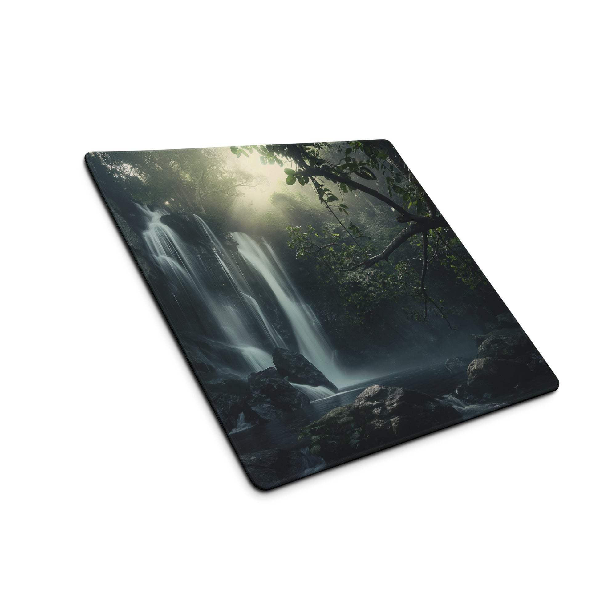 Nature inspired waterfall scene misty forest gaming mouse pad