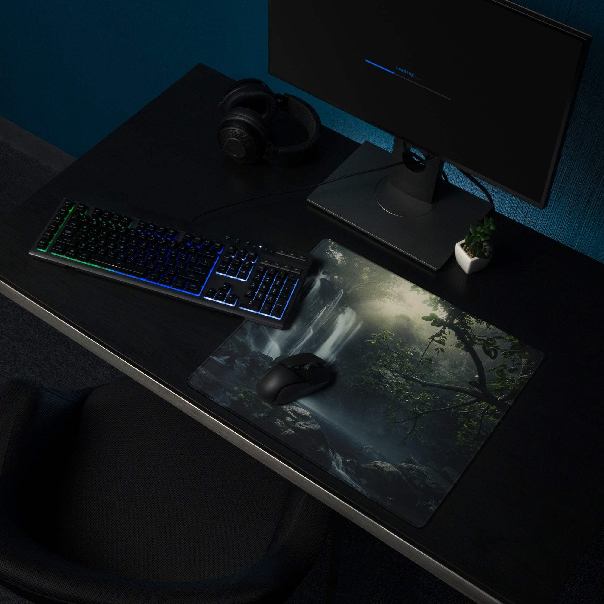 Dark misty forest gaming mousepad with waterfall, textured grip, non-slip base
