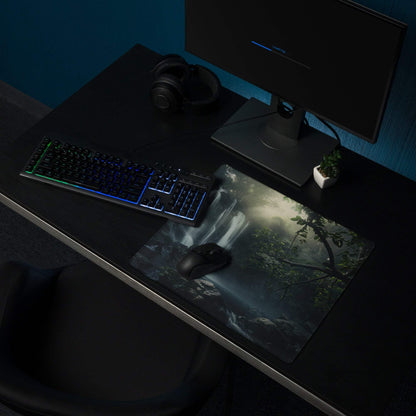 Dark misty forest gaming mousepad with waterfall, textured grip, non-slip base