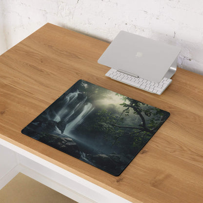 Black rectangular gaming mouse pad with misty waterfall scene