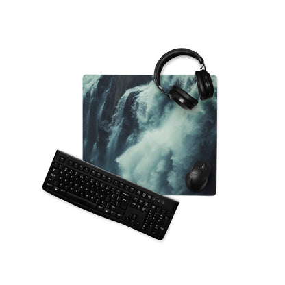 Black keyboard on Cinematic Waterfall Scene moody teal gaming mouse pad