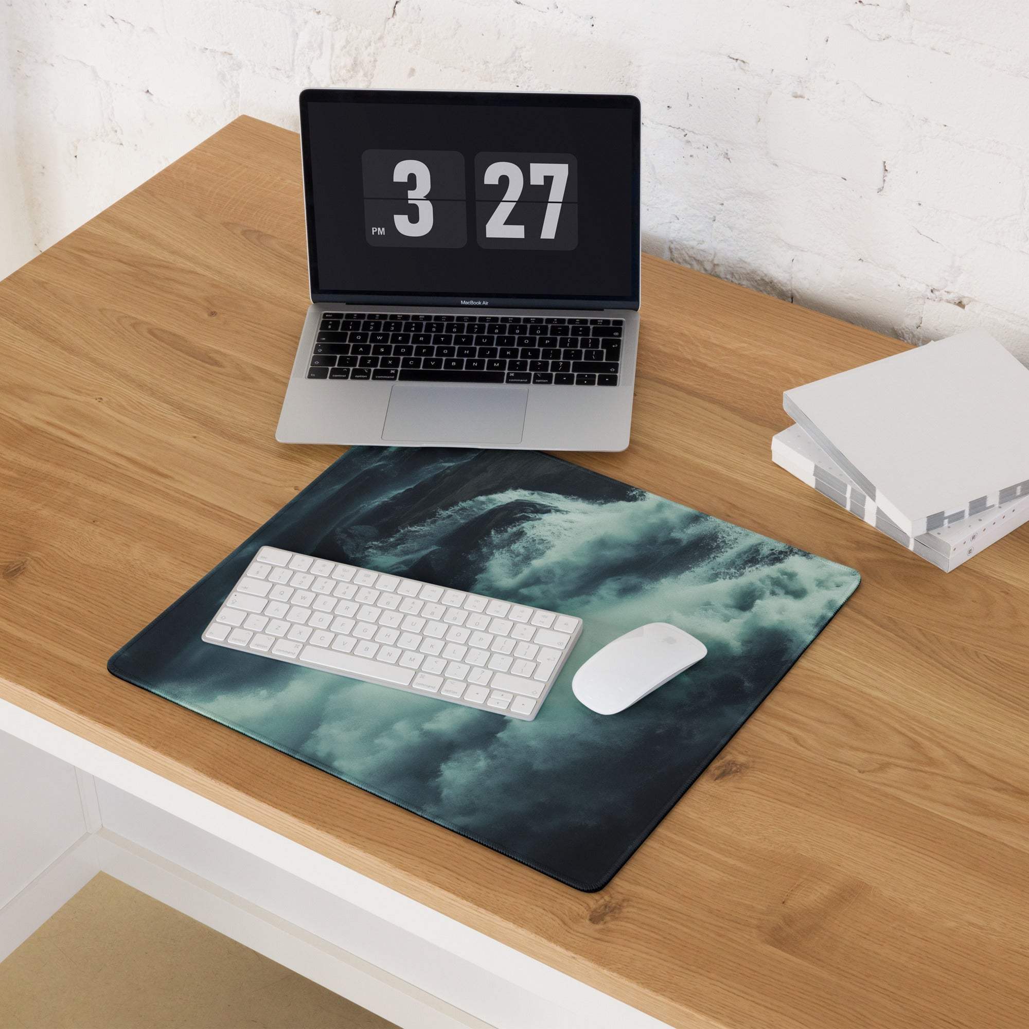 Cinematic moody teal crashing ocean waves premium gaming mouse pad