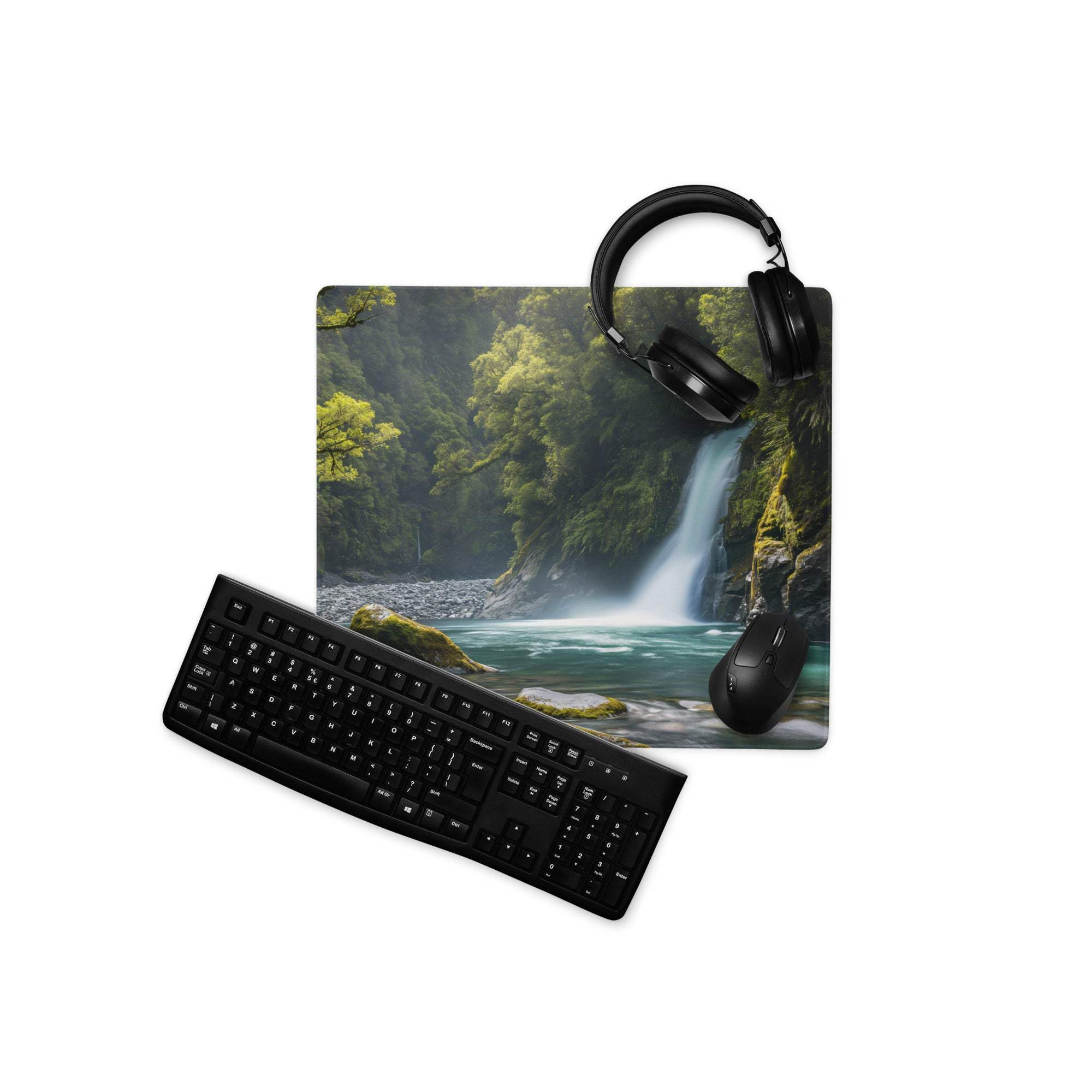 Zen Forest Waterfall gaming mouse pad with black keyboard and mouse
