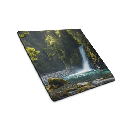 Zen Forest Waterfall gaming mouse pad with turquoise cascade and lush trees