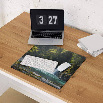 Zen Forest Waterfall gaming mouse pad with green teal scene mossy rocks trees