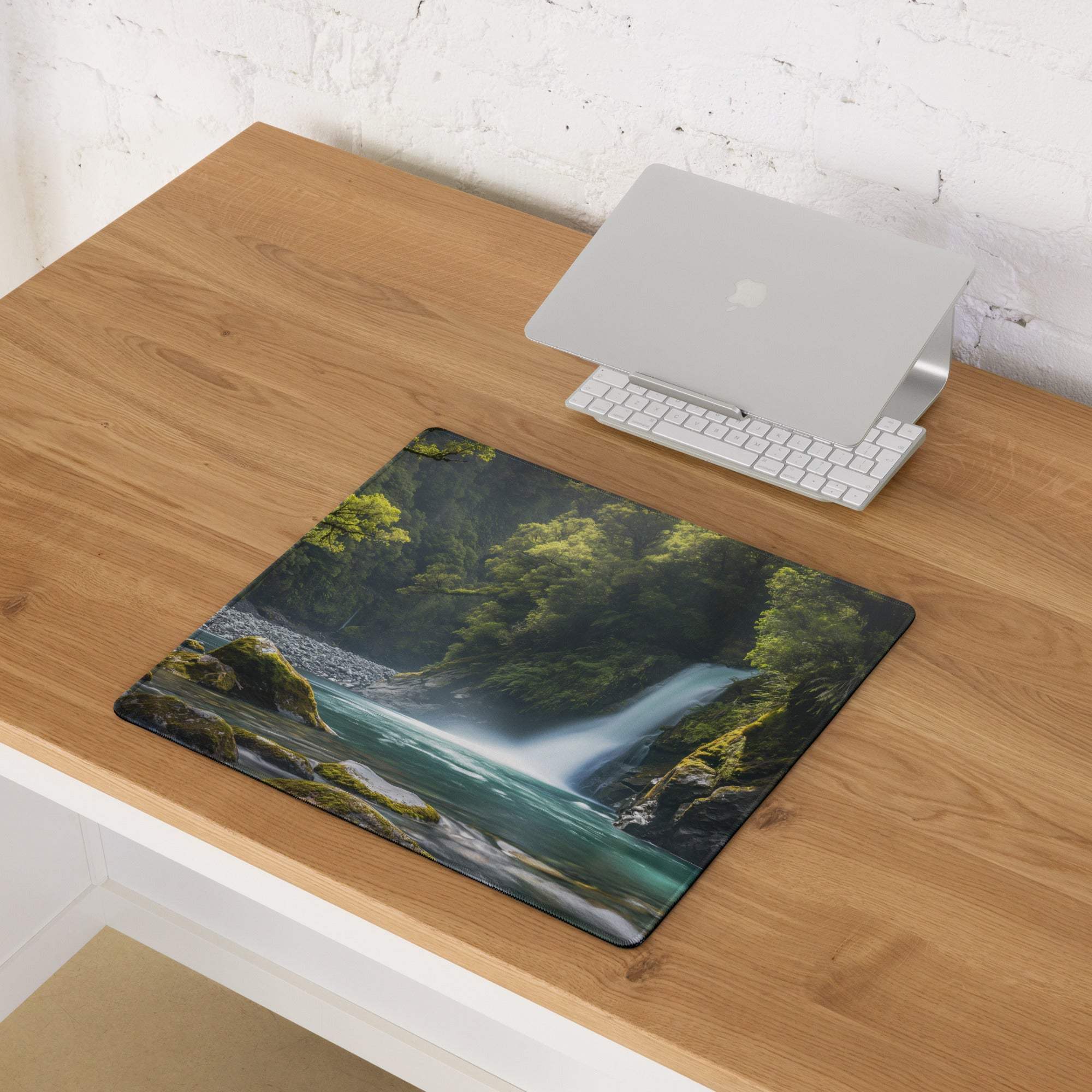 Zen Forest Waterfall large gaming mouse pad with lush green cascade