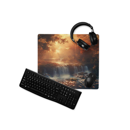 Black keyboard and mouse on Autumn Sunset waterfall gaming mousepad