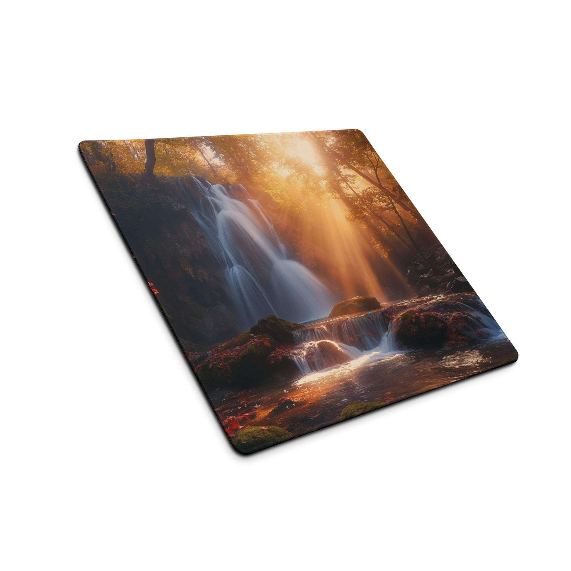Square coaster with waterfall in golden hour autumn forest, stitched edge mouse pad