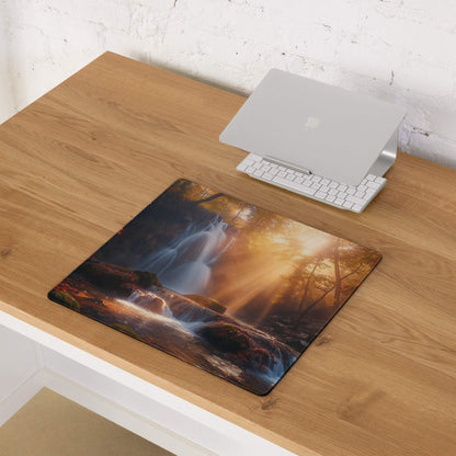 Large gaming mouse pad with golden hour waterfall forest scene, stitched edges, non-slip base