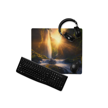 Black keyboard and mouse on sunlit waterfall gaming mousepad