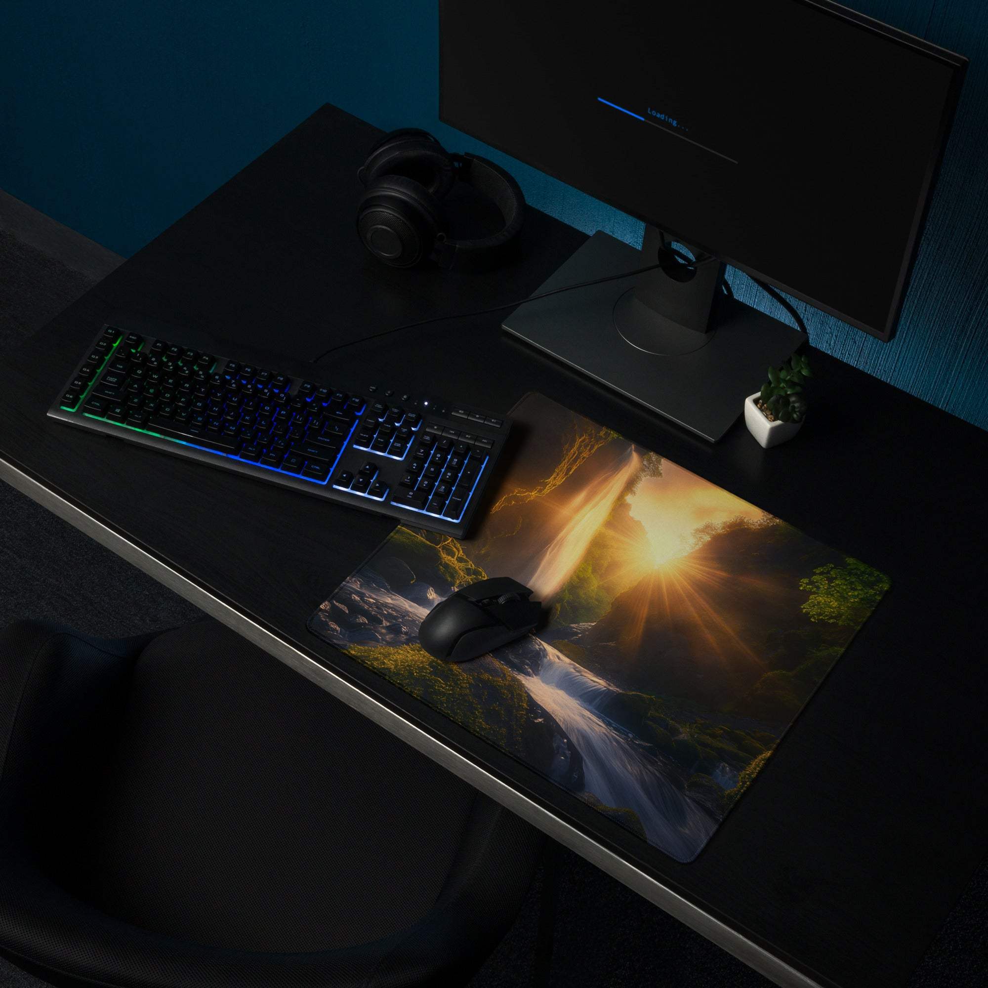 Epic sunlit waterfall gaming mouse pad with non-slip base