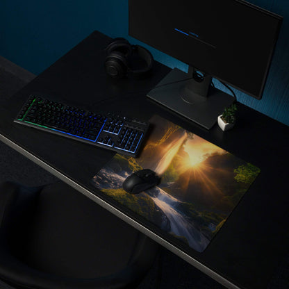 Epic sunlit waterfall gaming mouse pad with non-slip base