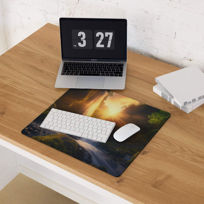 Epic Waterfall Scene sunlit golden sunrise gaming mouse pad with non-slip base