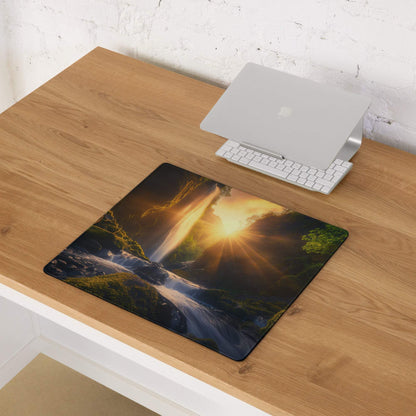 Epic Waterfall sunlit golden sunrise gaming mouse pad with non-slip base