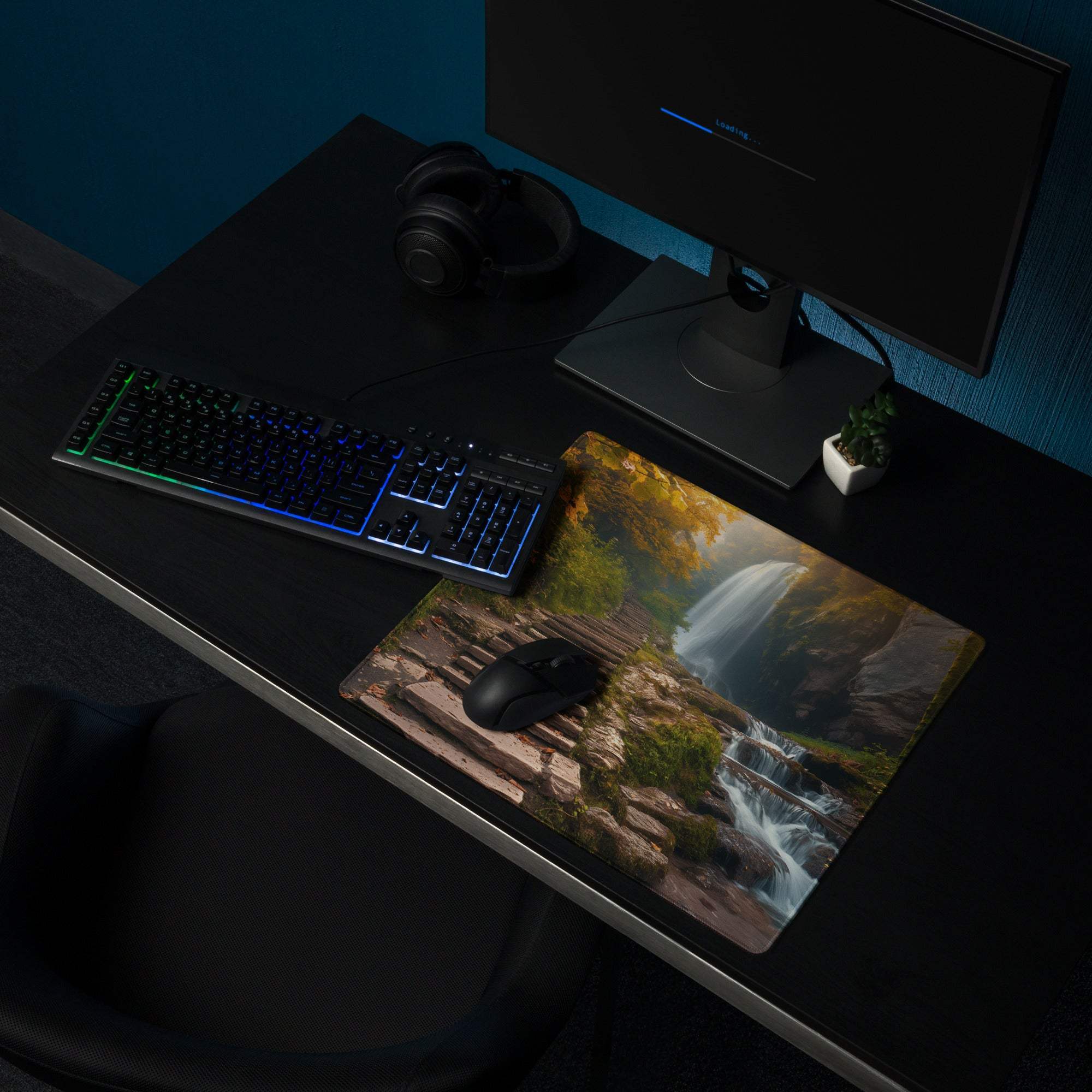 Autumn forest waterfall gaming mouse pad with large non-slip surface