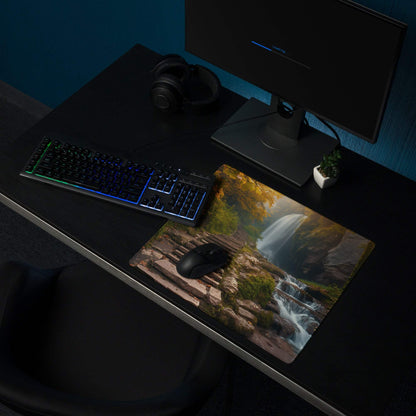 Autumn forest waterfall gaming mouse pad with large non-slip surface
