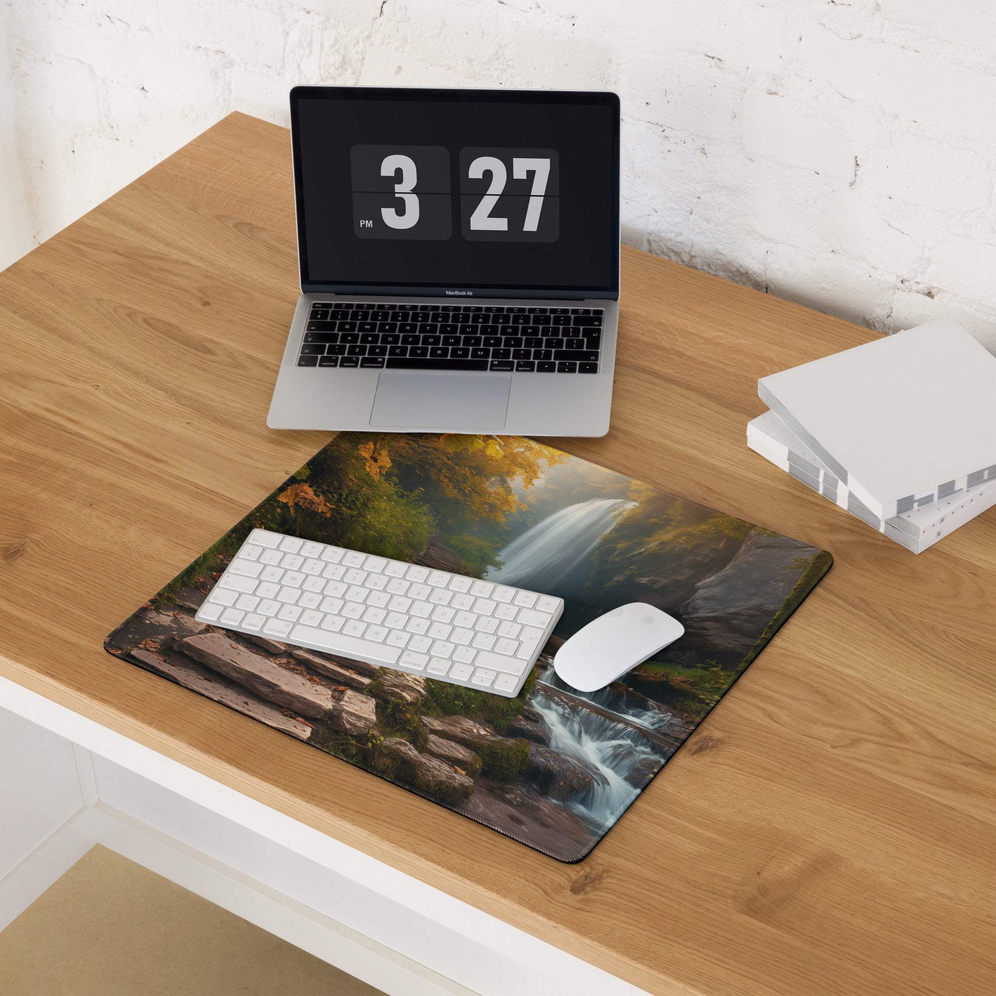 Autumn Forest Waterfall gaming mouse pad with large non-slip surface