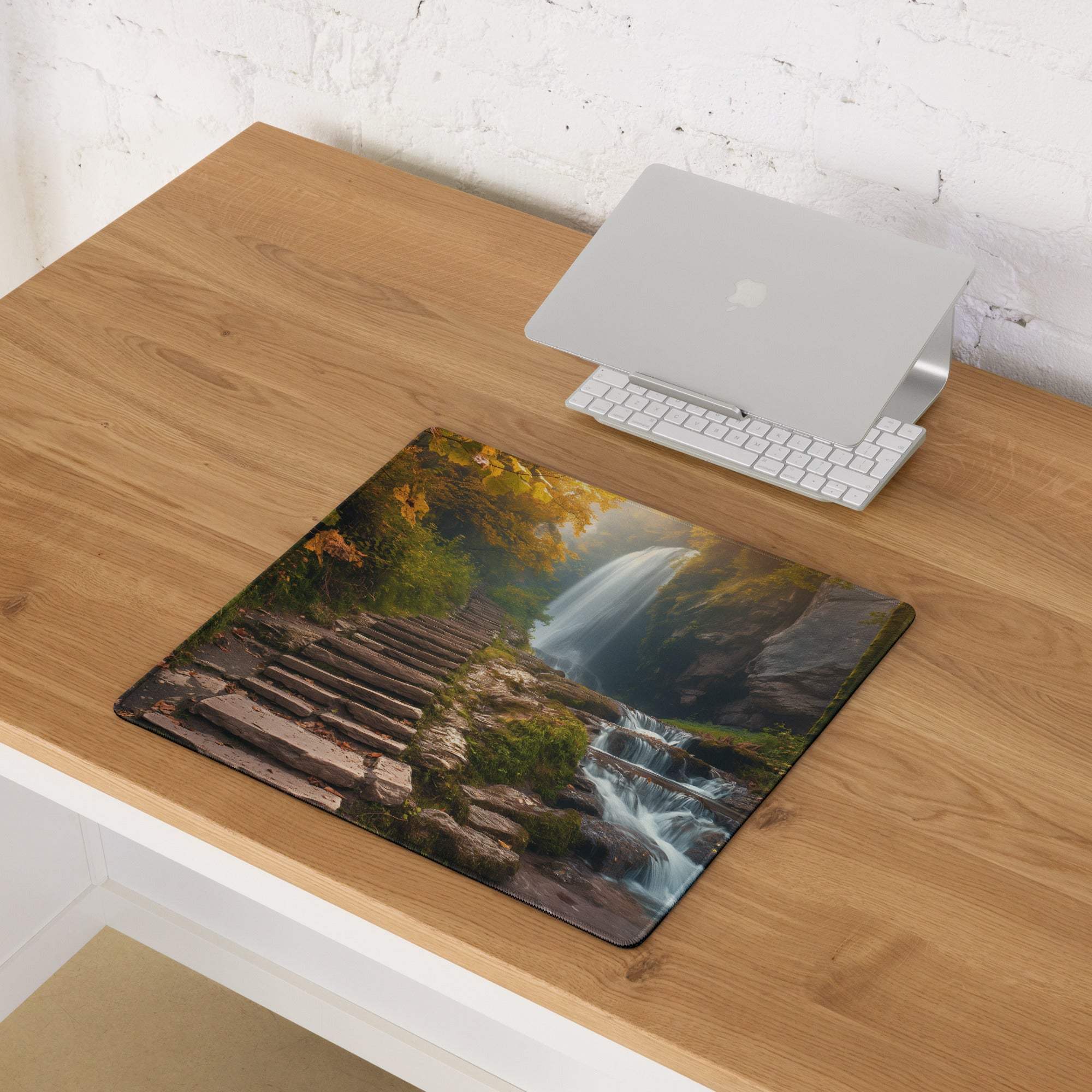 Autumn forest waterfall gaming mouse pad with large non-slip surface