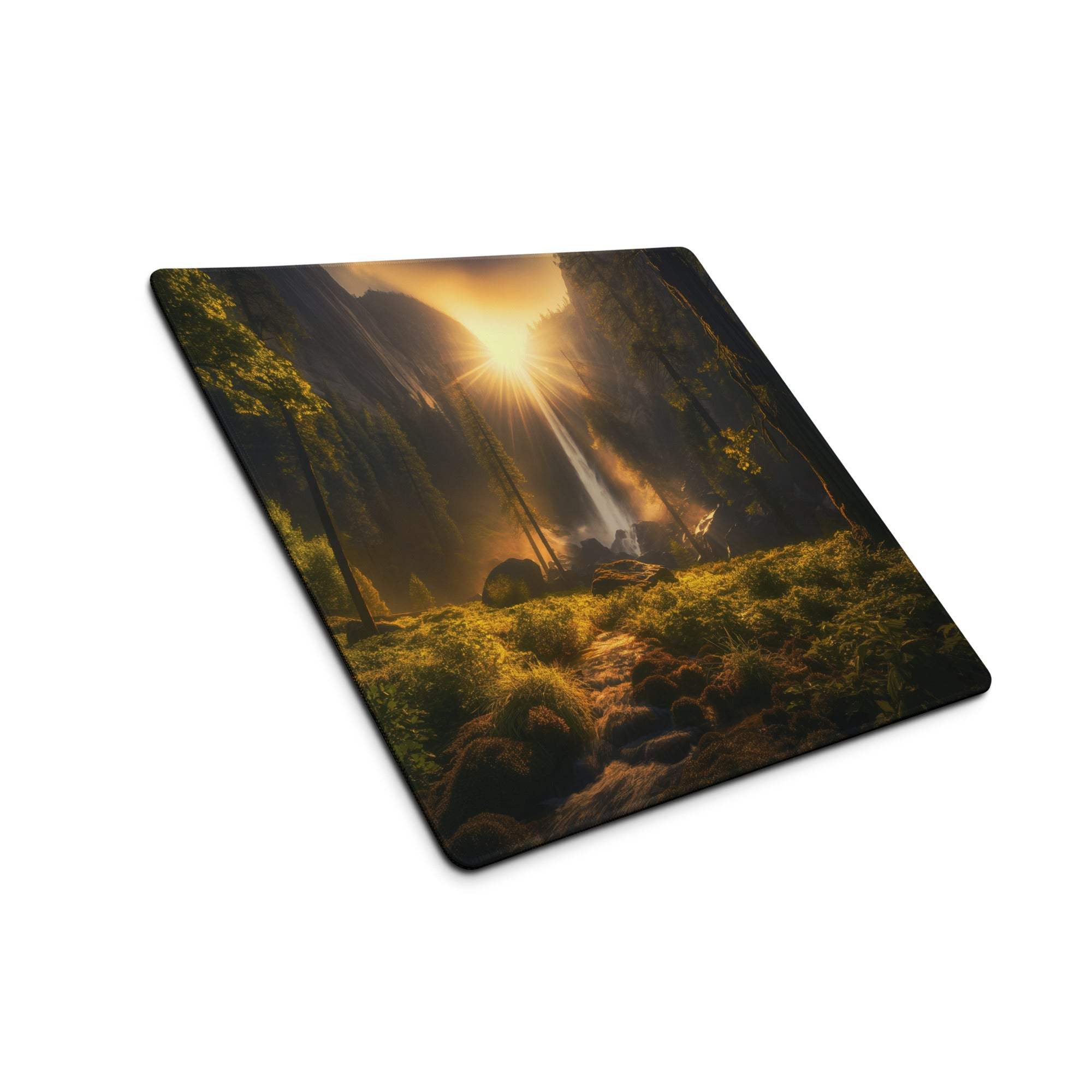 Nature Inspired Forest Sunrise large non-slip stitched gaming mouse pad with sunlit waterfall