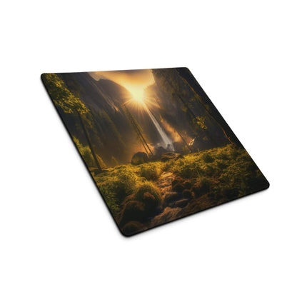 Nature Inspired Forest Sunrise large non-slip stitched gaming mouse pad with sunlit waterfall