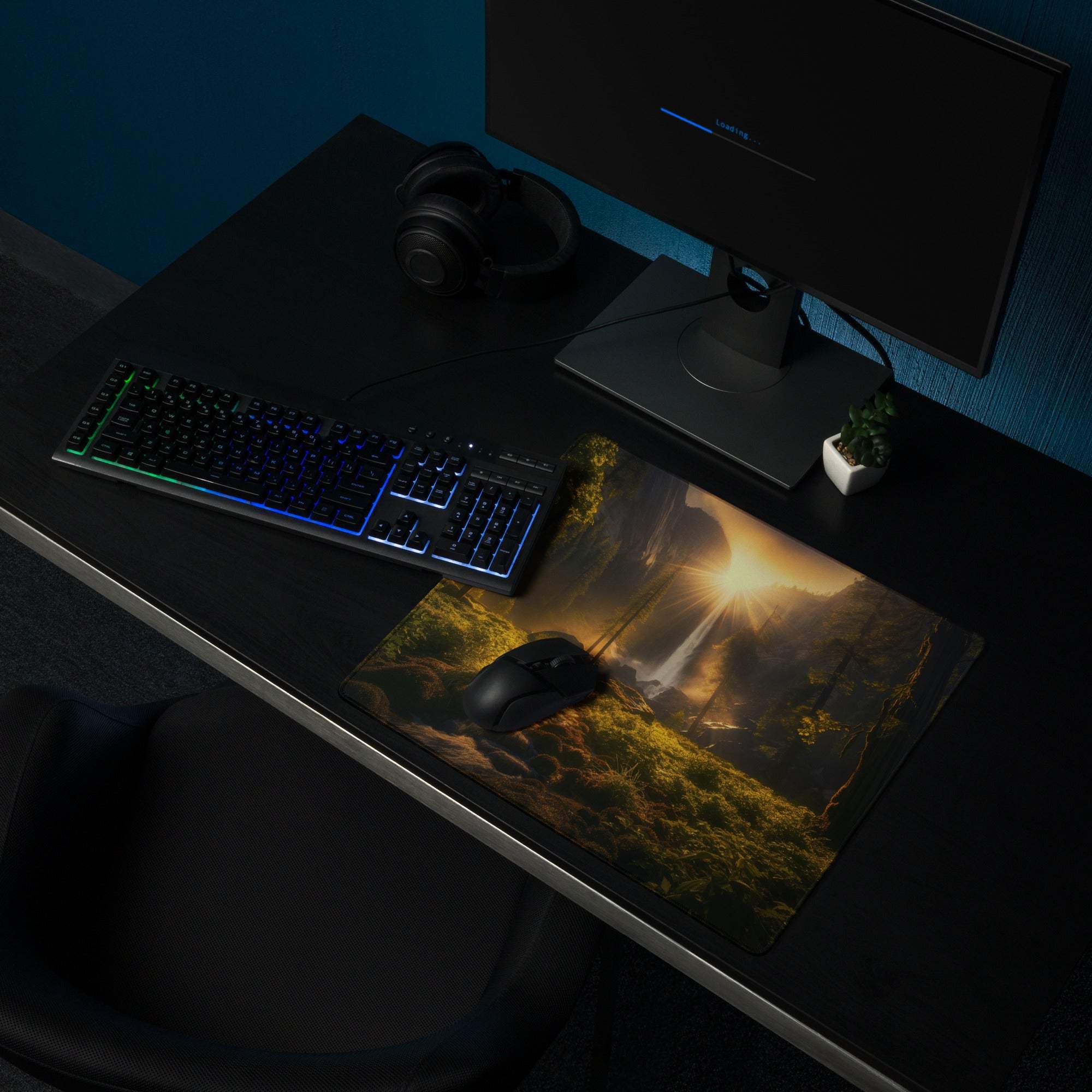 Nature Inspired Forest Sunrise large gaming mouse pad with sunlit waterfall