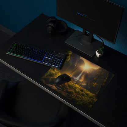 Nature Inspired Forest Sunrise large gaming mouse pad with sunlit waterfall
