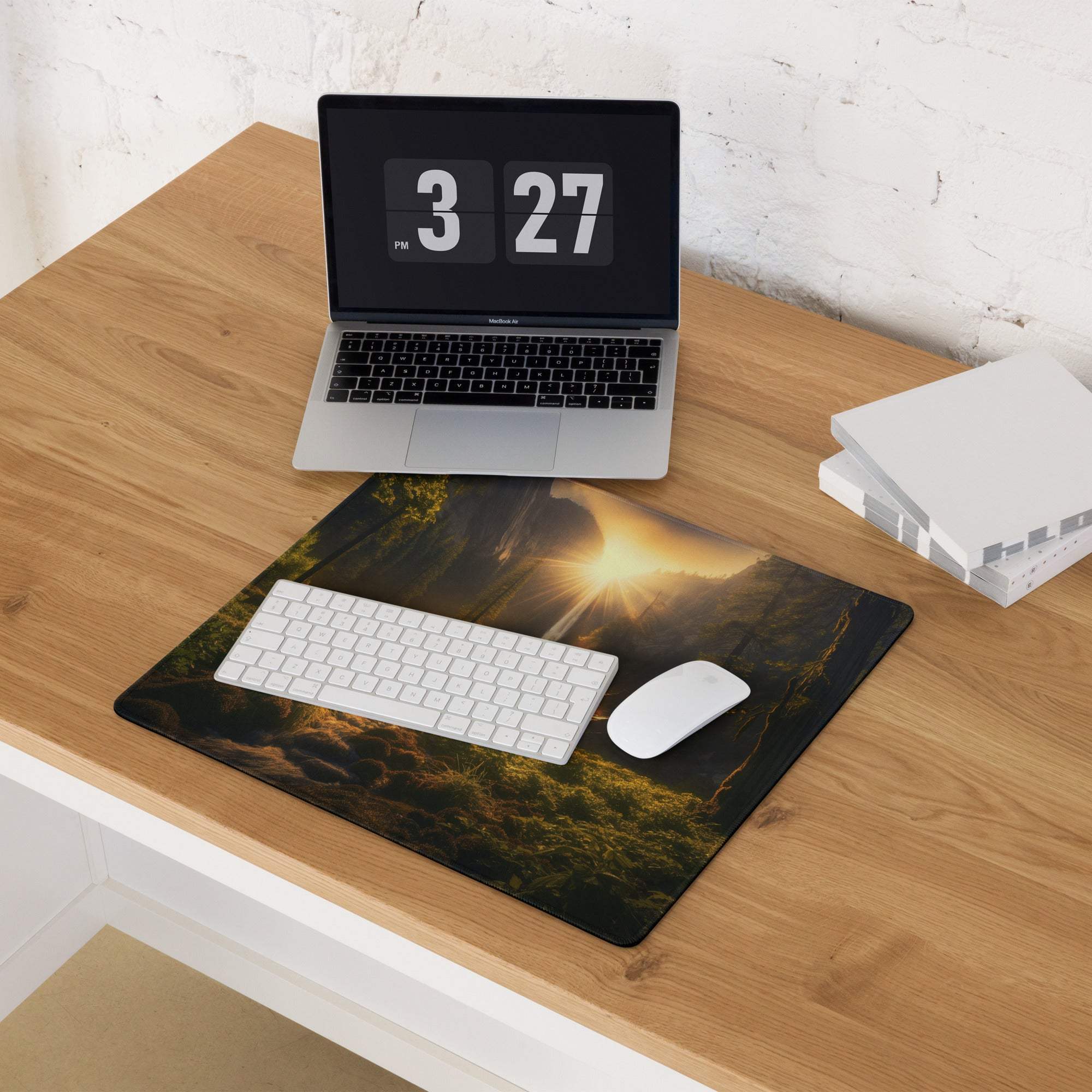 Nature Inspired Forest Sunrise large gaming mouse pad with golden sunlight through trees