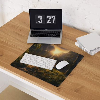 Nature Inspired Forest Sunrise large gaming mouse pad with golden sunlight through trees