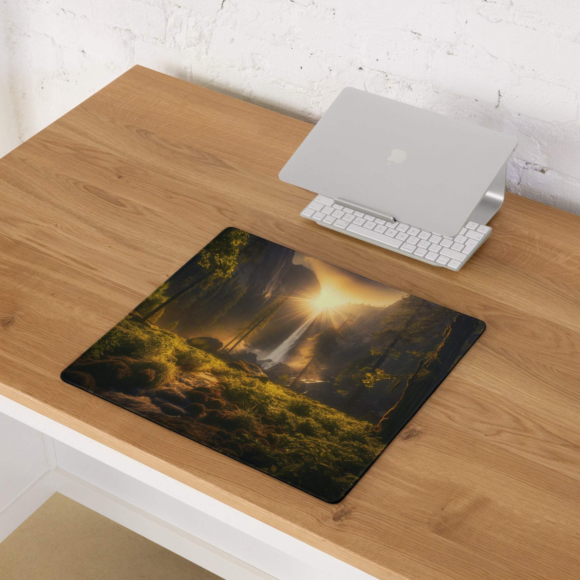 Nature Inspired Forest Sunrise large non-slip stitched gaming mouse pad with sunlit waterfall