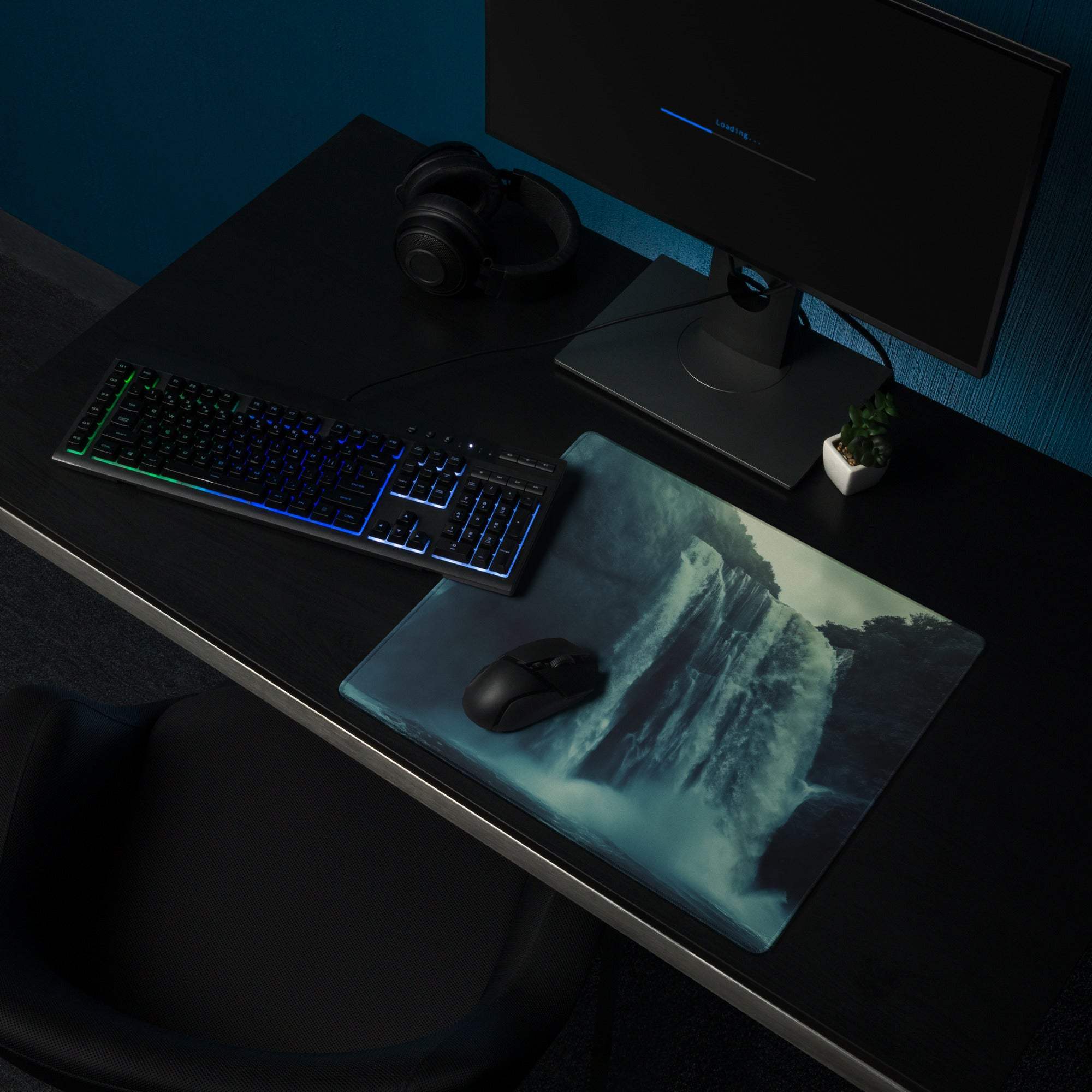Epic Waterfall Scene Moody Blue gaming mouse pad with non-slip base