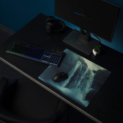 Epic Waterfall Scene Moody Blue gaming mouse pad with non-slip base