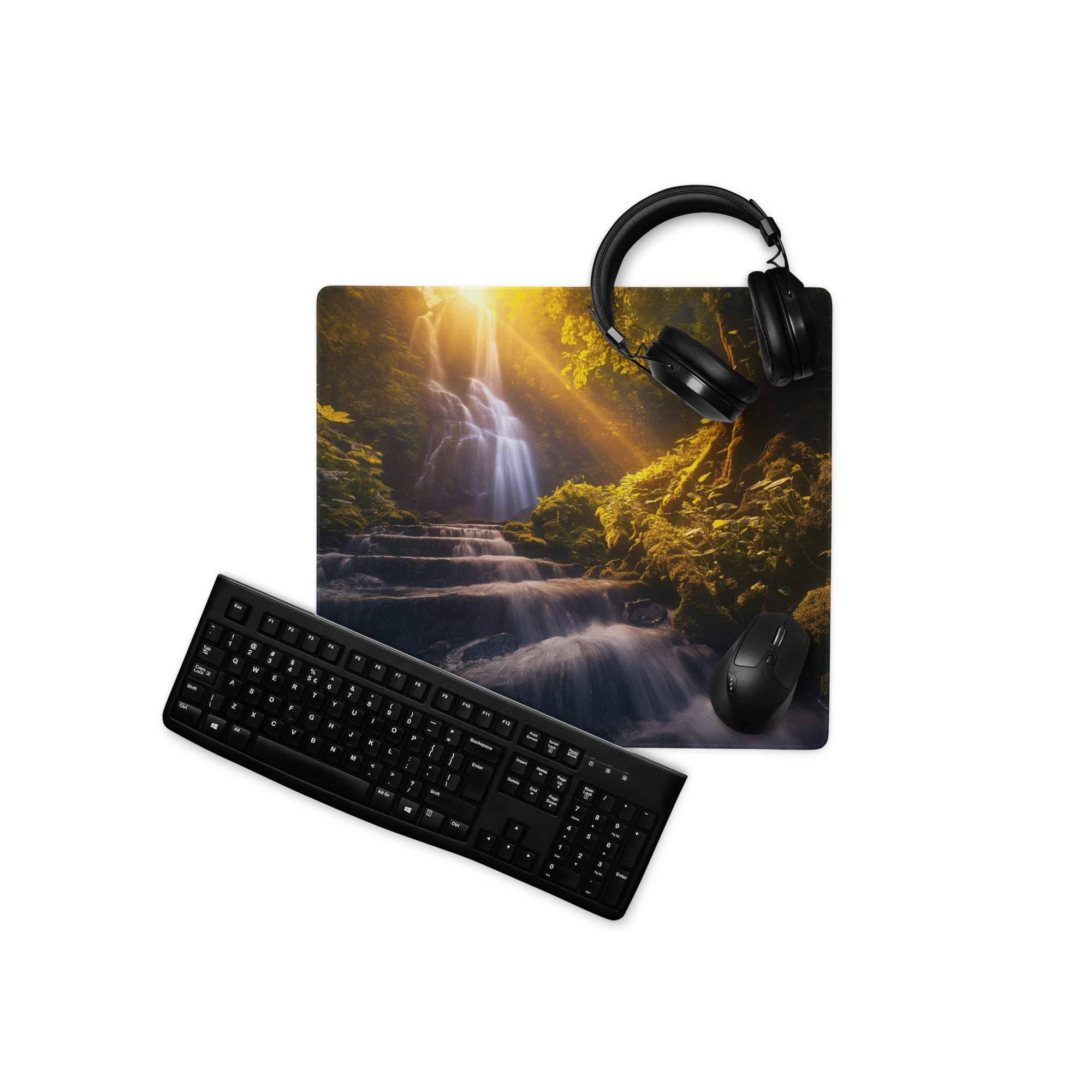 Black keyboard on Golden Hour Forest Waterfall gaming mouse pad