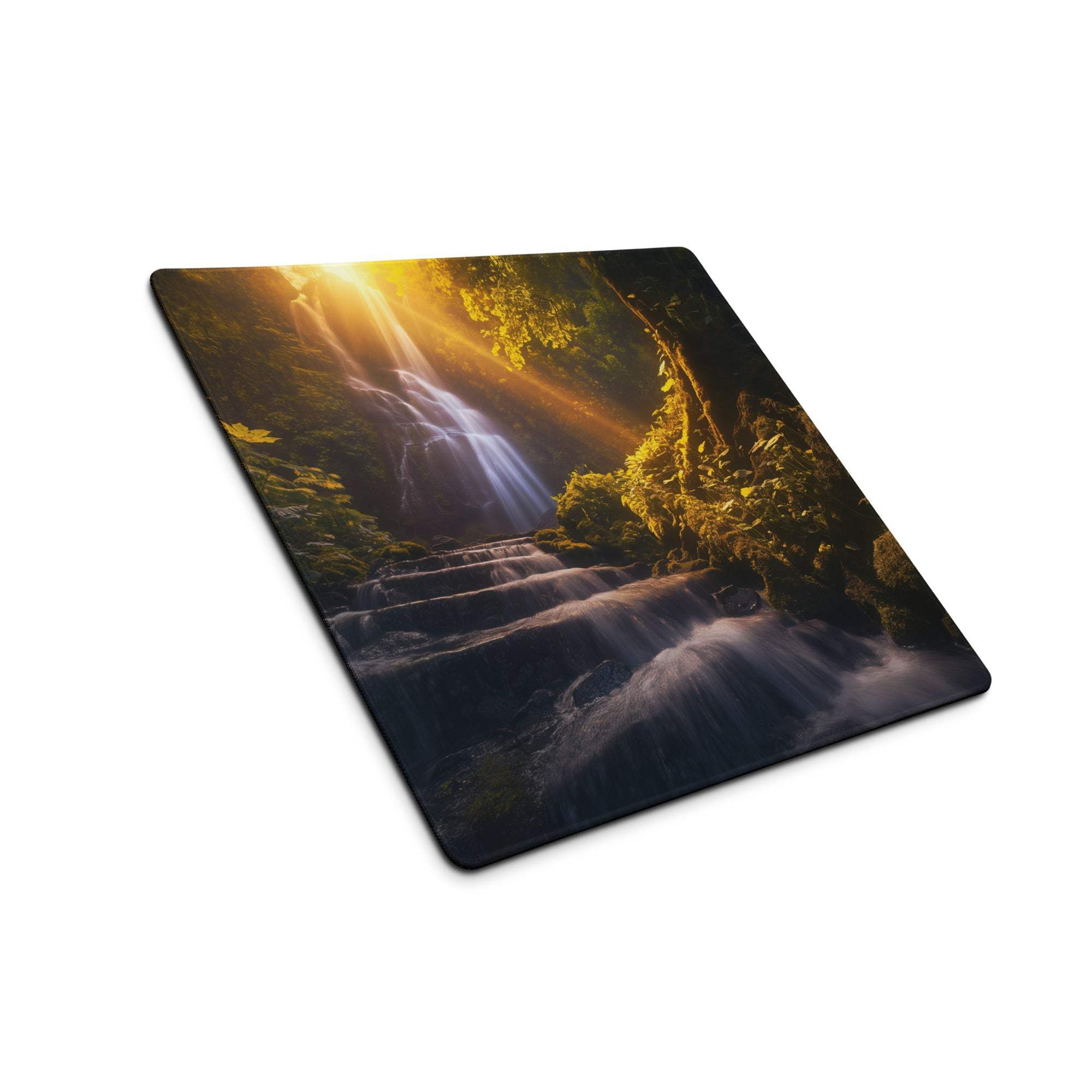 Golden hour forest waterfall gaming mouse pad with non-slip backing
