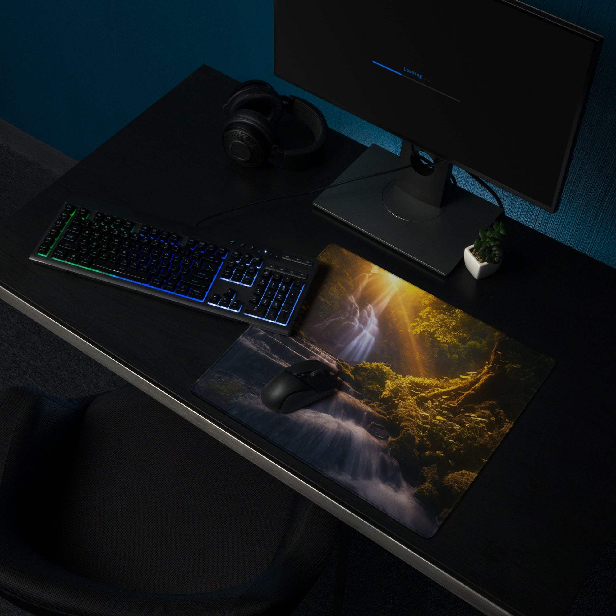 Golden Hour Forest Waterfall gaming mouse pad with non-slip backing
