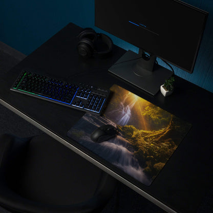 Golden Hour Forest Waterfall gaming mouse pad with non-slip backing