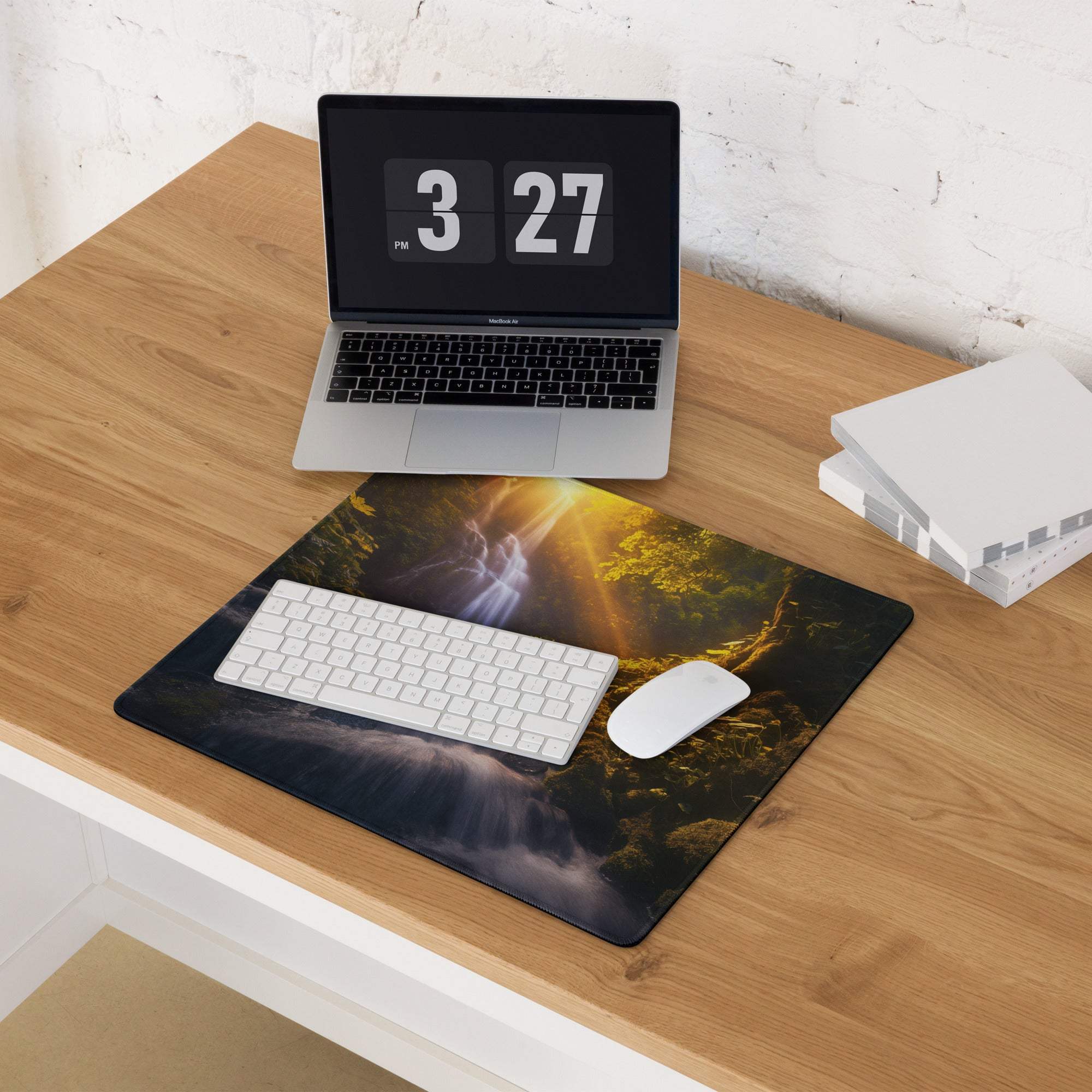 Golden hour forest waterfall gaming mouse pad, large size, non-slip backing
