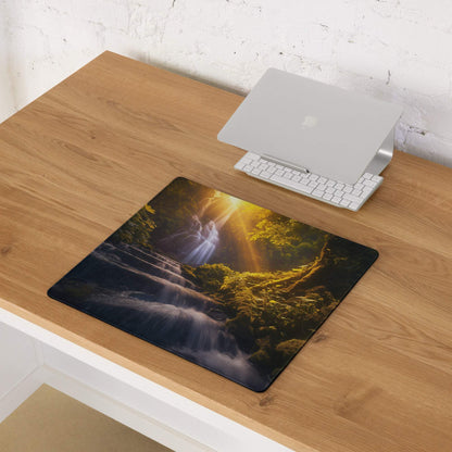 Golden Hour Forest Waterfall gaming mouse pad with non-slip backing