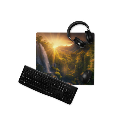 Black large gaming mousepad with golden hour waterfall, greenery, non-slip base