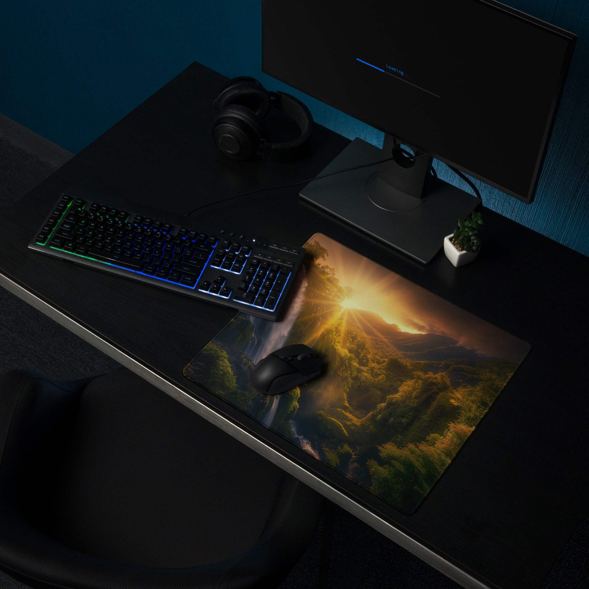 Golden Hour Landscape gaming mouse pad with misty mountains, non-slip base