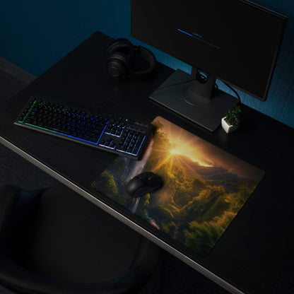 Golden Hour Landscape gaming mouse pad with misty mountains, non-slip base