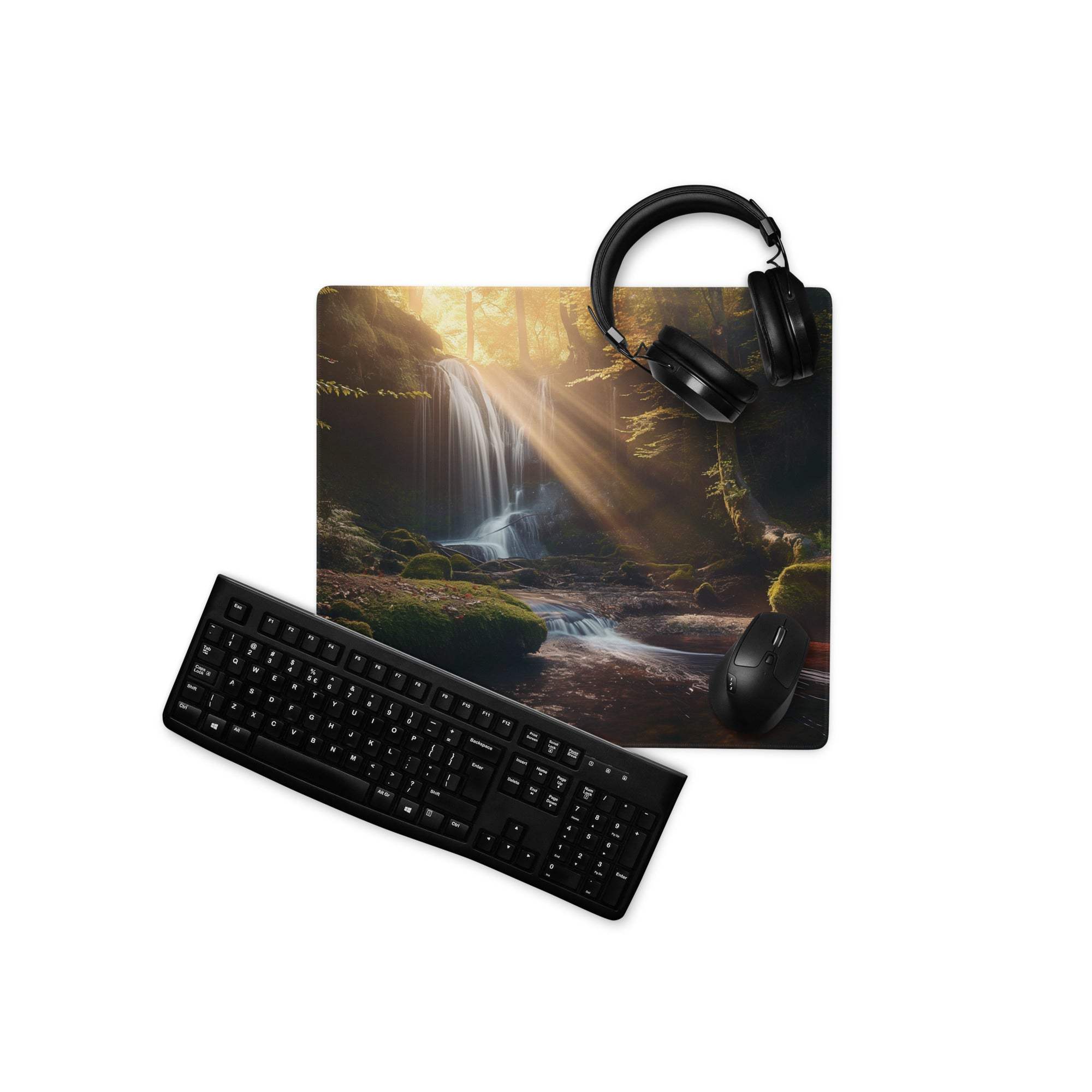 Black matte QWERTY keyboard on golden hour forest gaming mouse pad