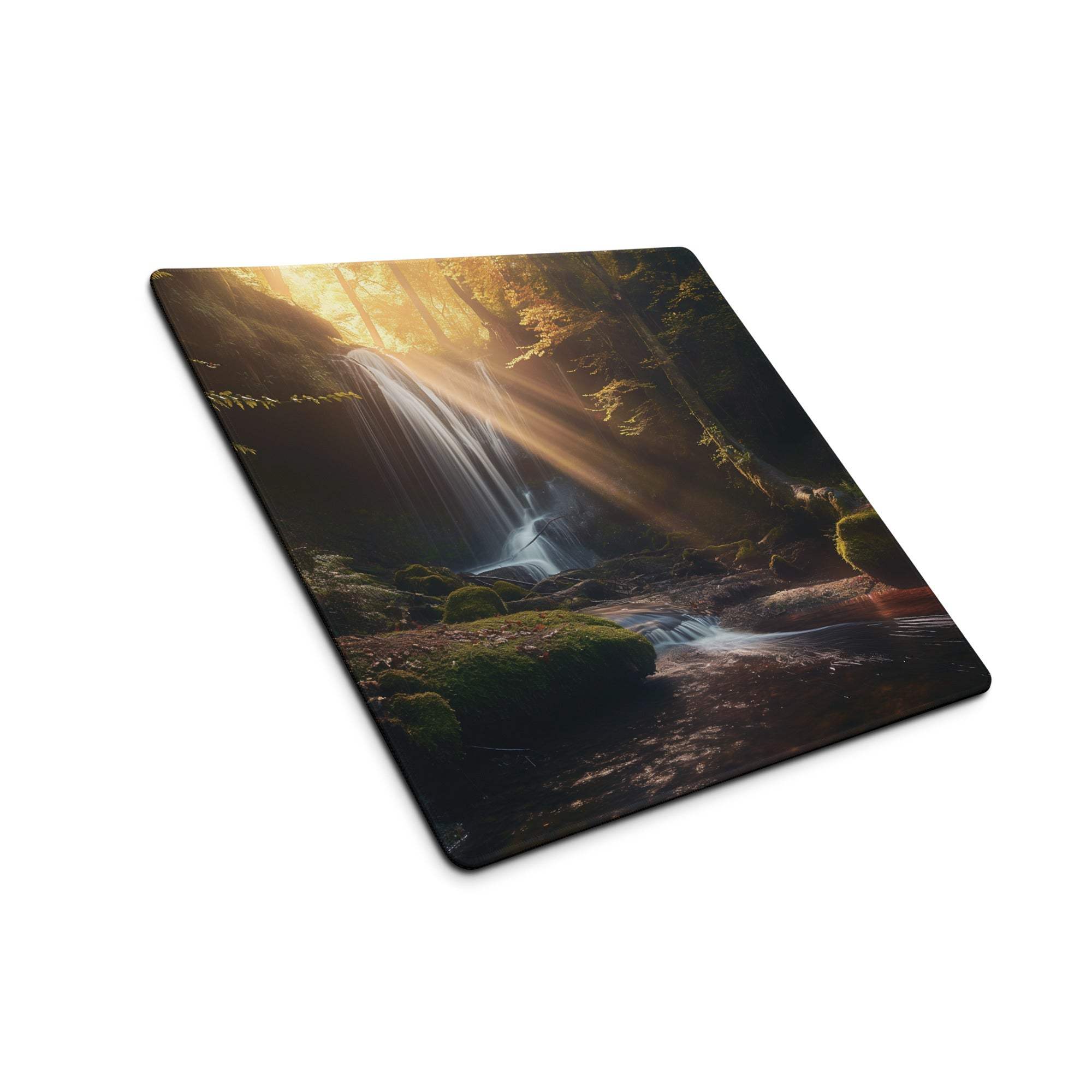 Large golden hour mossy forest waterfall gaming mouse pad with non-slip backing
