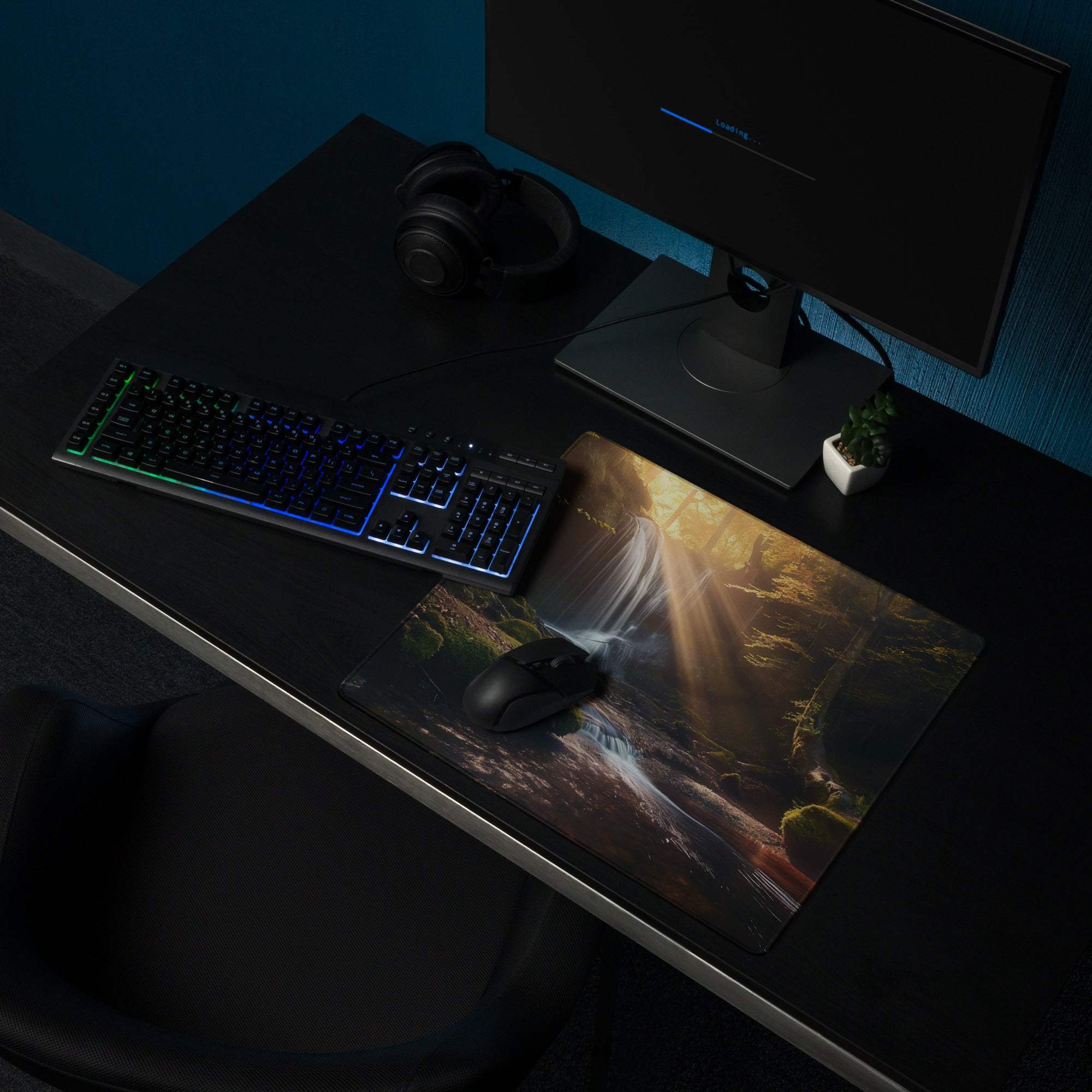 Golden Hour Forest gaming mouse pad with waterfall, golden rays, non-slip backing