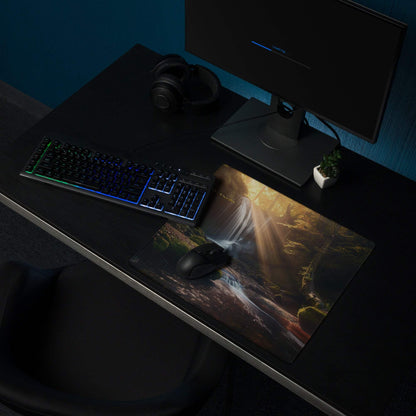 Golden Hour Forest gaming mouse pad with waterfall, golden rays, non-slip backing