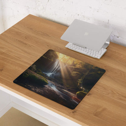 Golden Hour Forest waterfall gaming mouse pad with non-slip backing