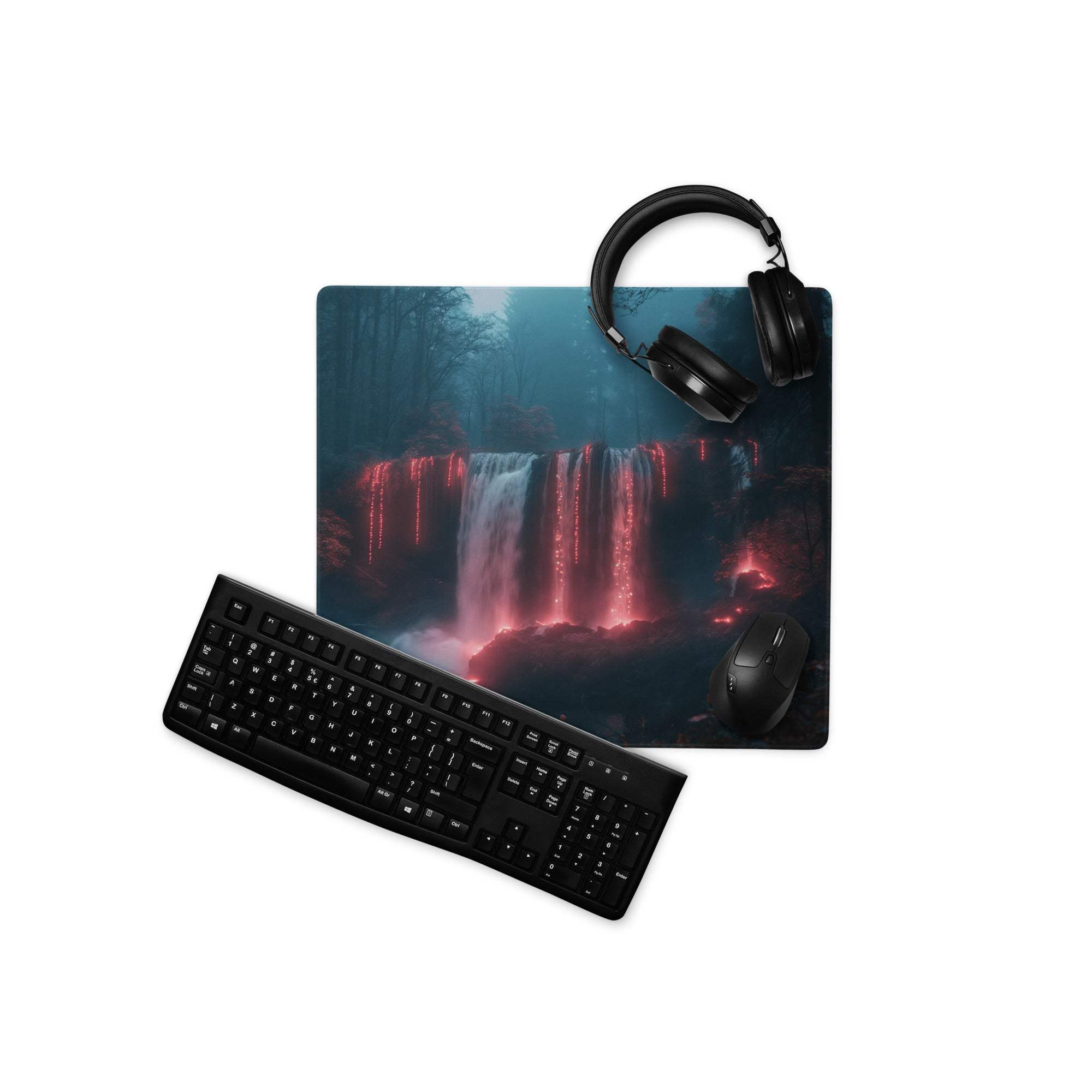 Premium large gaming mouse pad with red glowing waterfall in misty neon forest