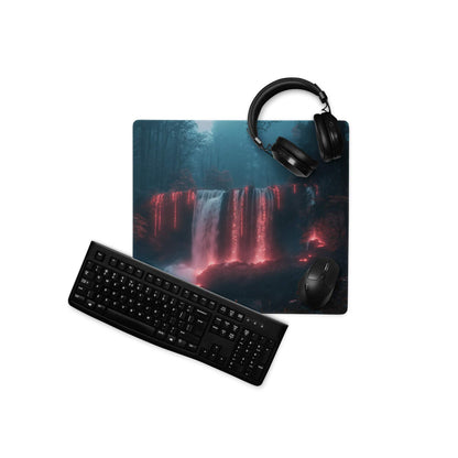 Premium large gaming mouse pad with red glowing waterfall in misty neon forest